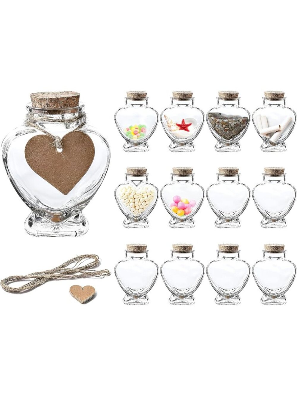 12 Heart Shaped Glass Jars with Cork Lids - Mini Bottles for Wedding Favors